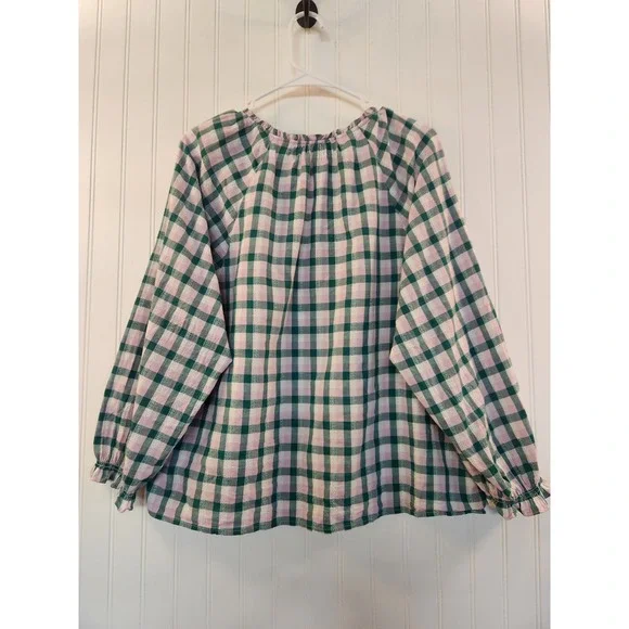 J.Crew Pink Green Gingham Ruffle Neck Cotton Sheer Peasant Blouse XL Flowy Boho - Picture 2 of 14
